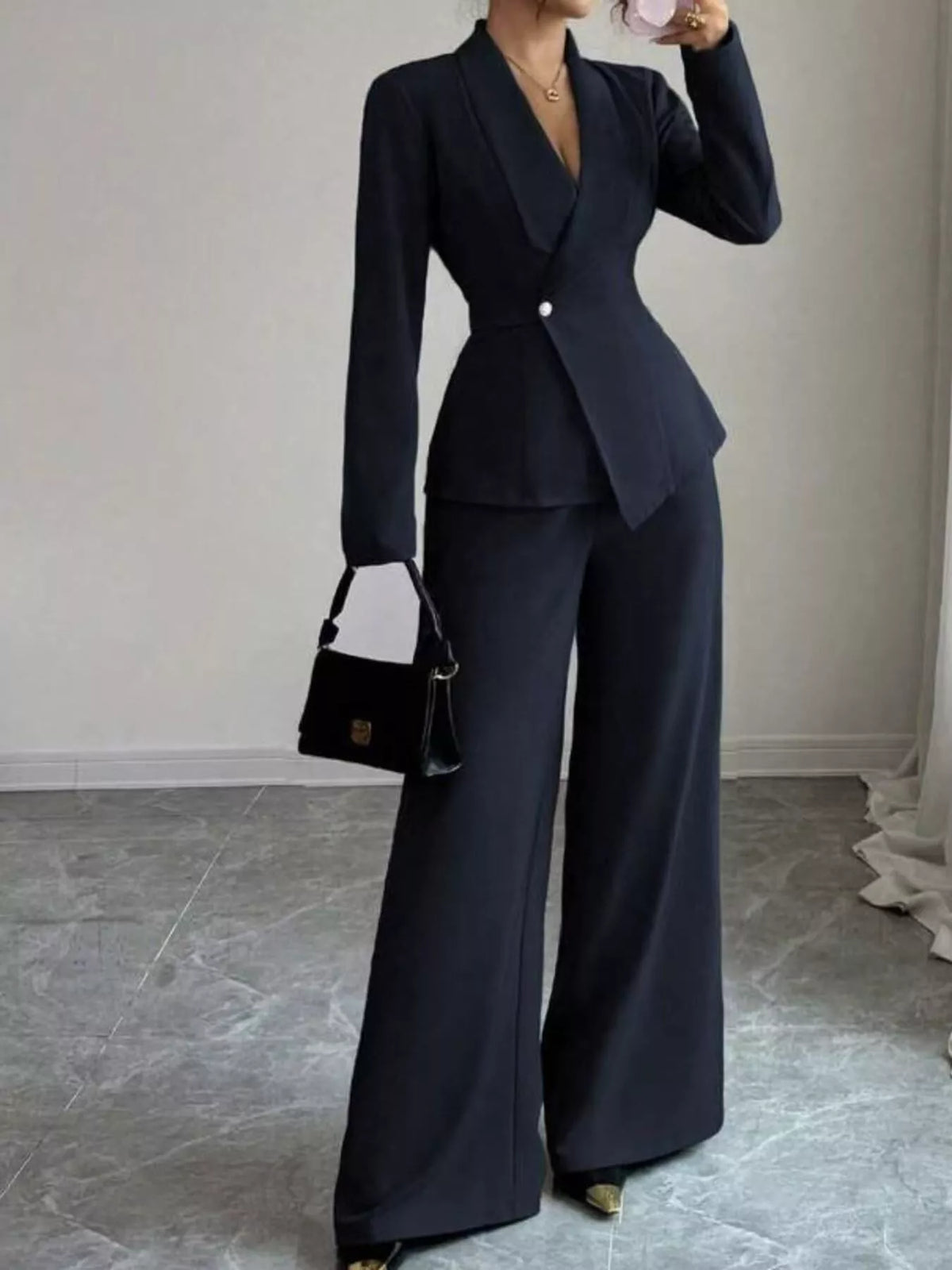 One Button Blazer and Pants Set - Navy Blue - View 8