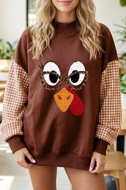 Thanksgiving Turkey Plaid Sleeve Pullover Sweatshirt - Brown - View 1