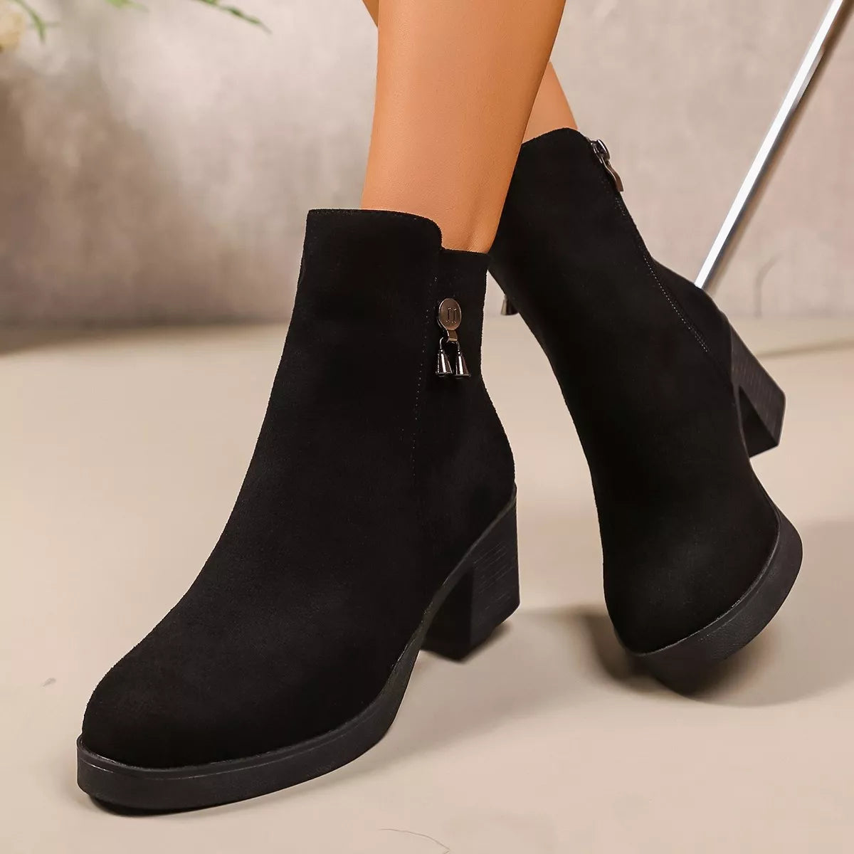 Point Toe Block Heels Boots - Black - View 3