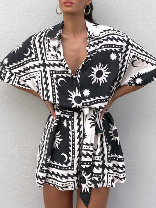 Printed Tie Waist Half Sleeve Romper - product photo 1