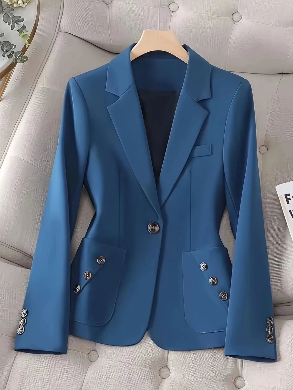 One-Button Blazer with Pockets - Blue - View 3