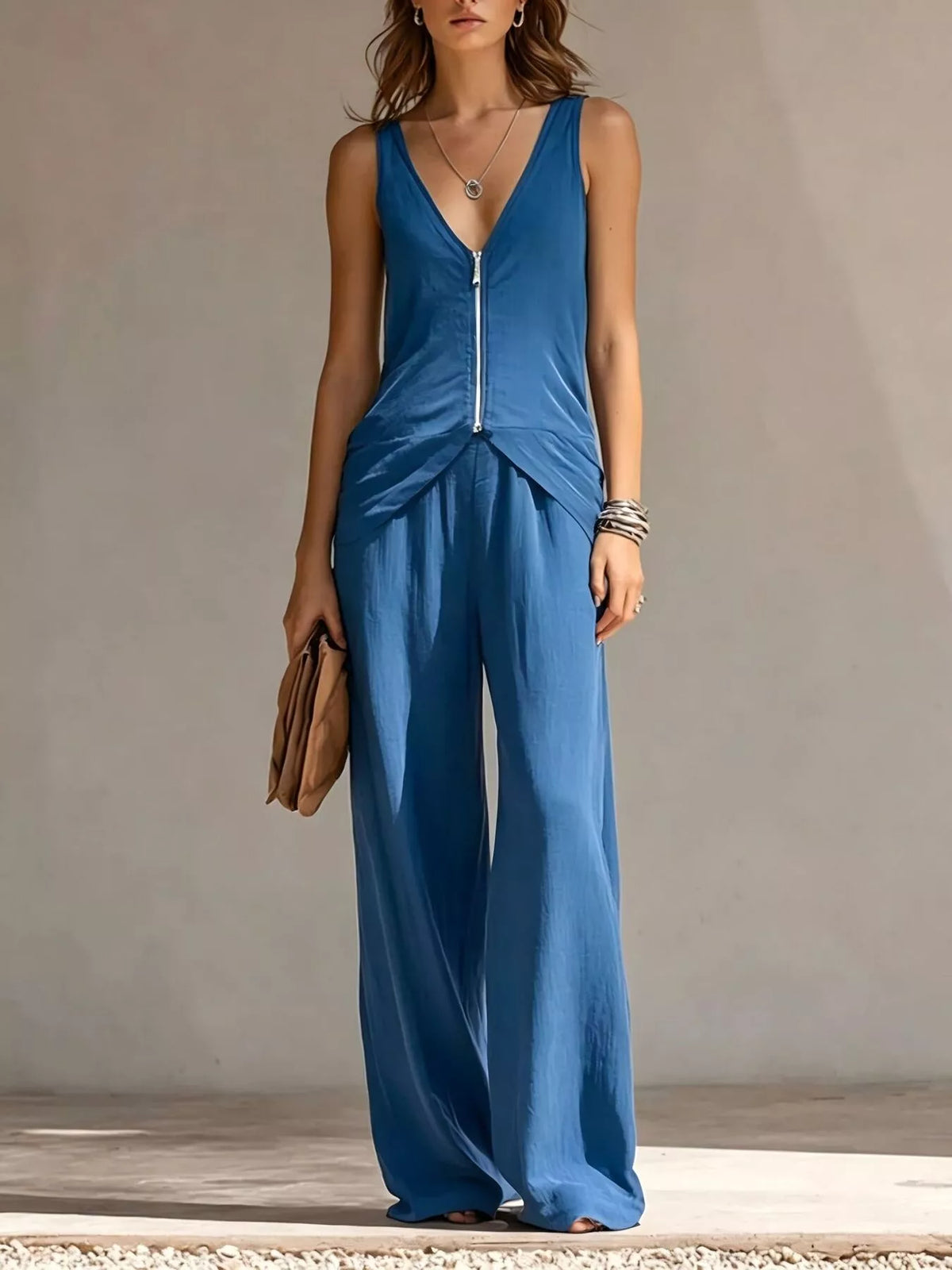 Full Size Zipper Front Tank and Wide-Leg Pants Set Plus Size - Royal Blue - View 1