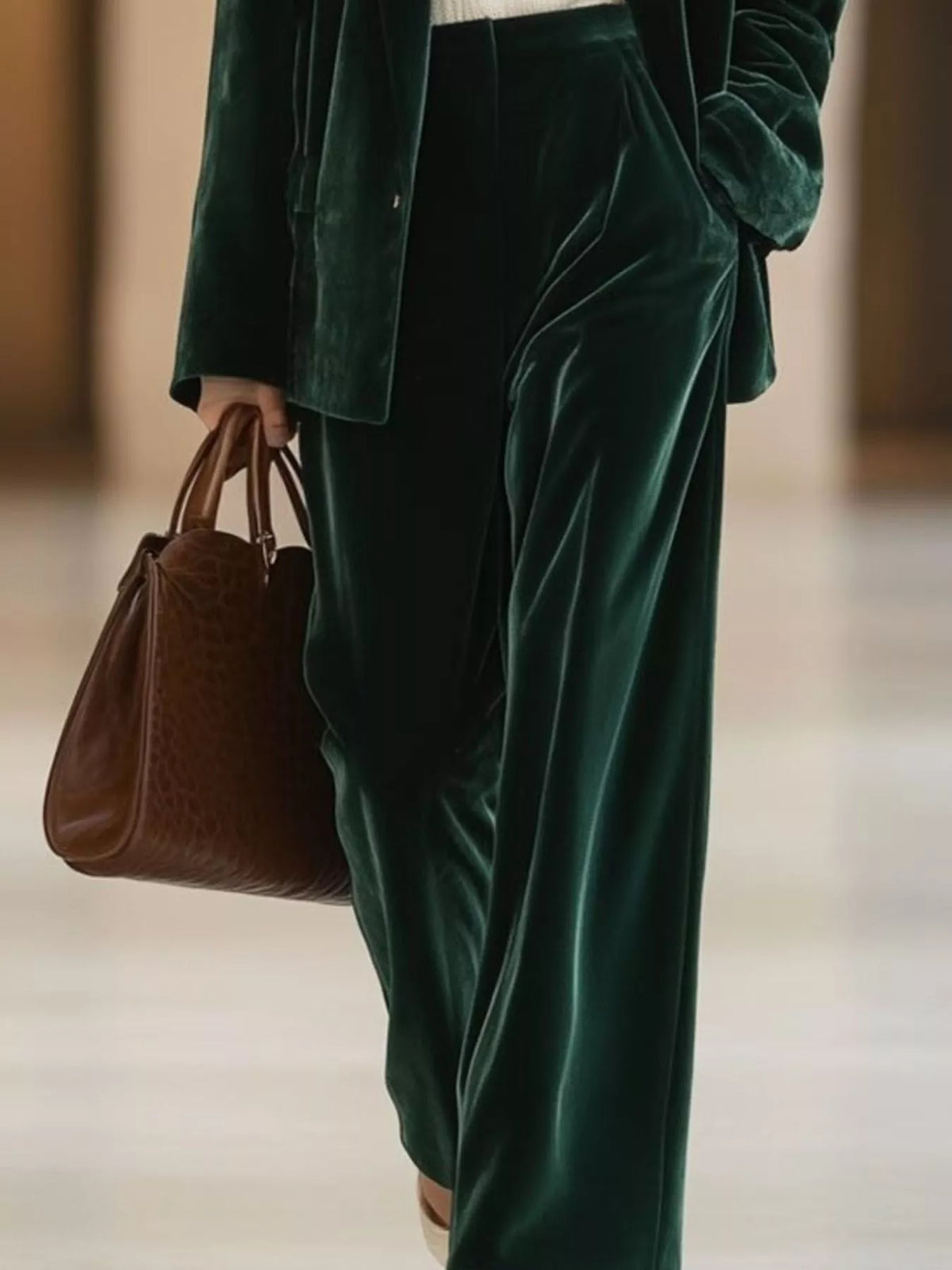Velvet Blazer and Wide-Leg Pants Two-Piece Set - Black Forest - View 2