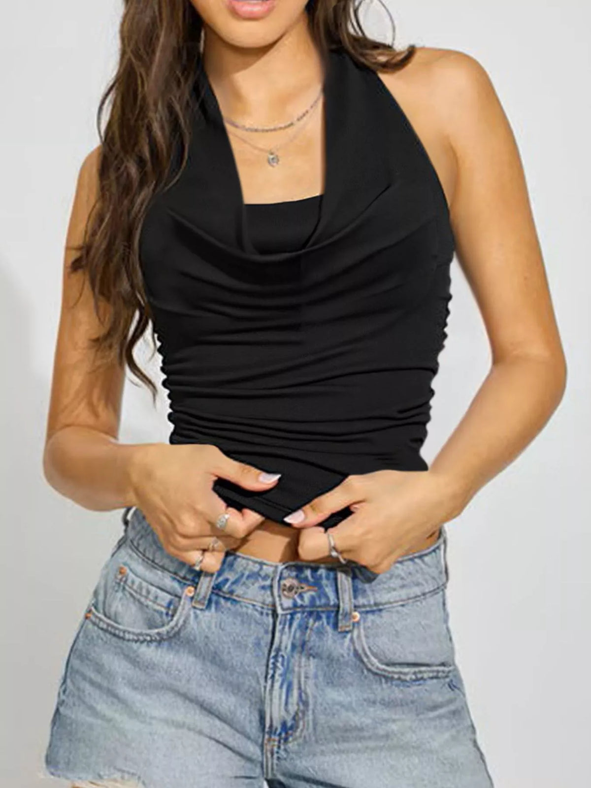 Halter Neck Ruched Cami - Black - View 1