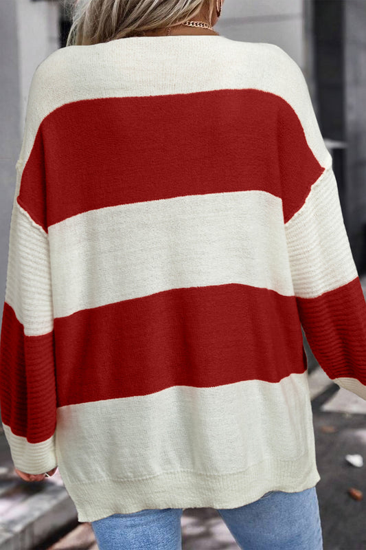 Red Stripe Loose Color Block Drop Shoulder Bubble Sleeve Sweater - Red Stripe - 2