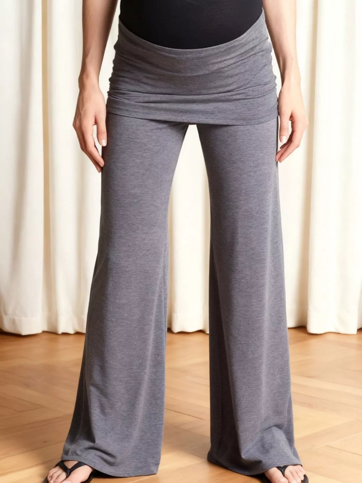 High-Waisted Fold-Over Wide Leg Active Pants - Grey - View 1