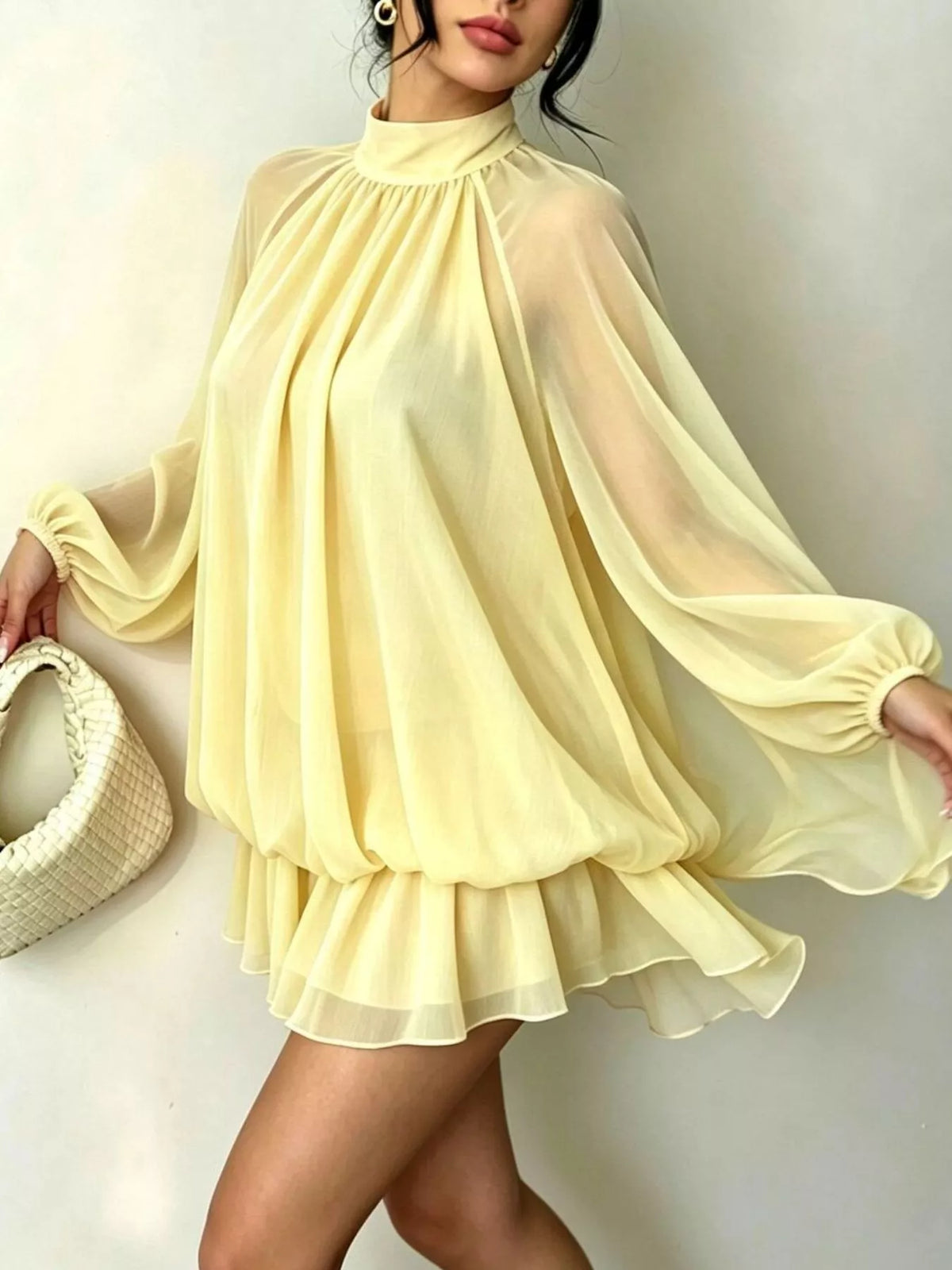 Mock Neck Sheer Chiffon Mini Dress - Pastel Yellow - View 8