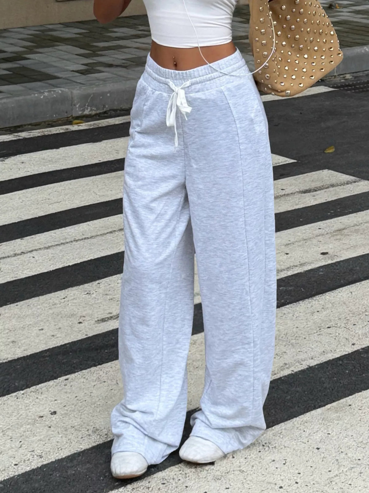 Drawstring Wide-Leg Pants - Gray/white - View 2