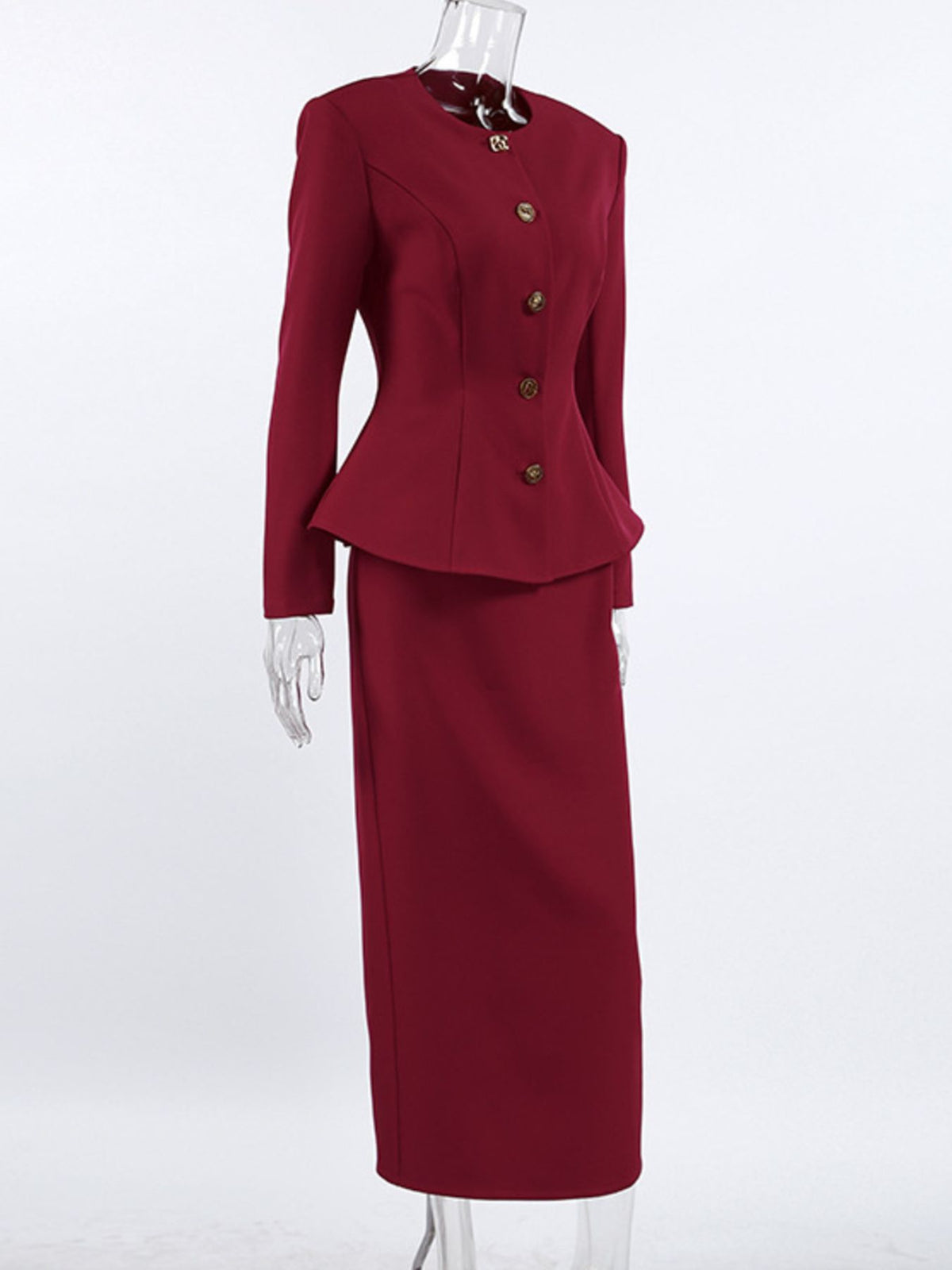 Button Up Peplum Blazer & Skirt Set - Burgundy - View 9