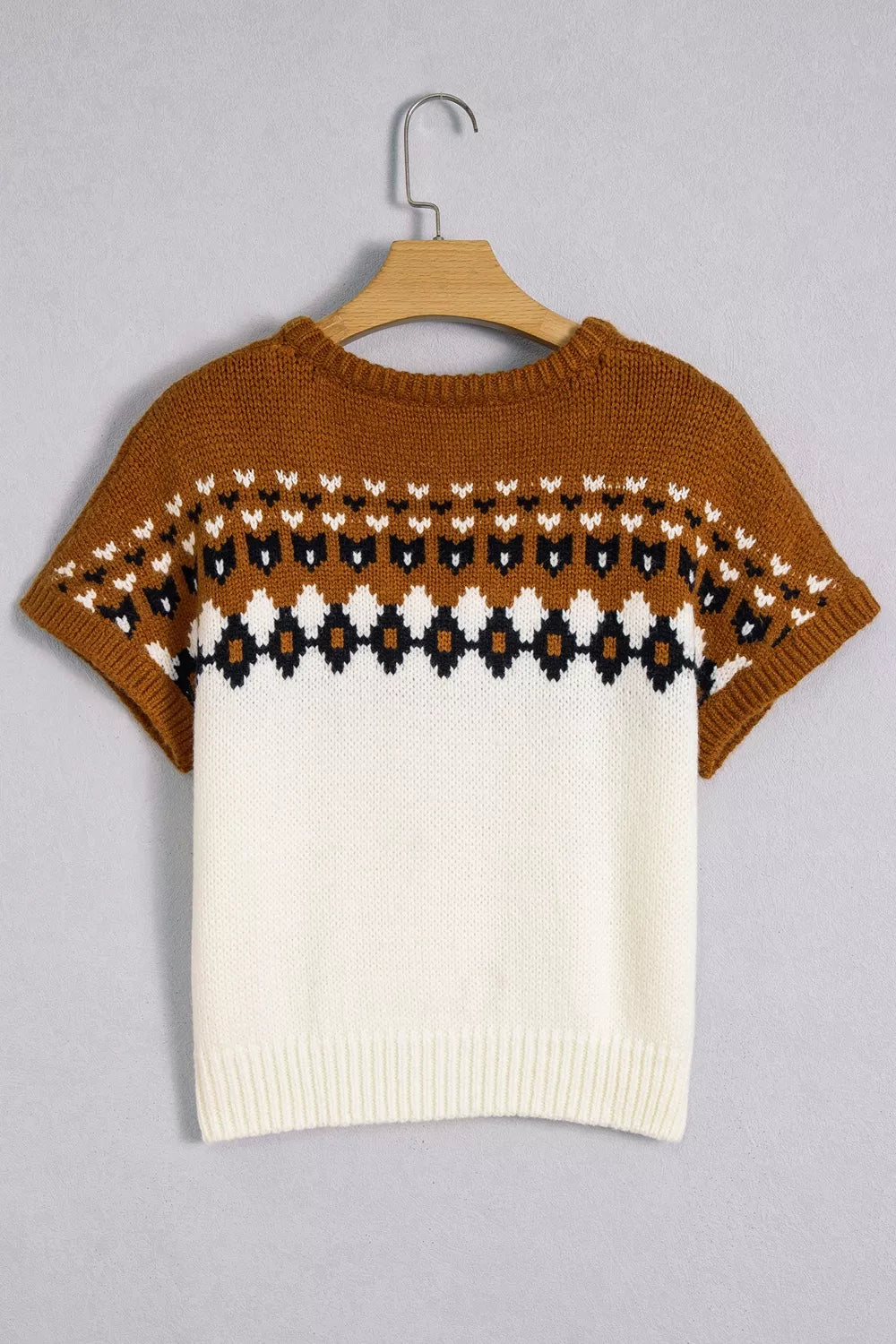 V Neck Short Sleeve Geometric Sweater - Brown - View 8