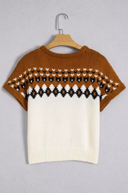 V Neck Short Sleeve Geometric Sweater - Brown - View 8