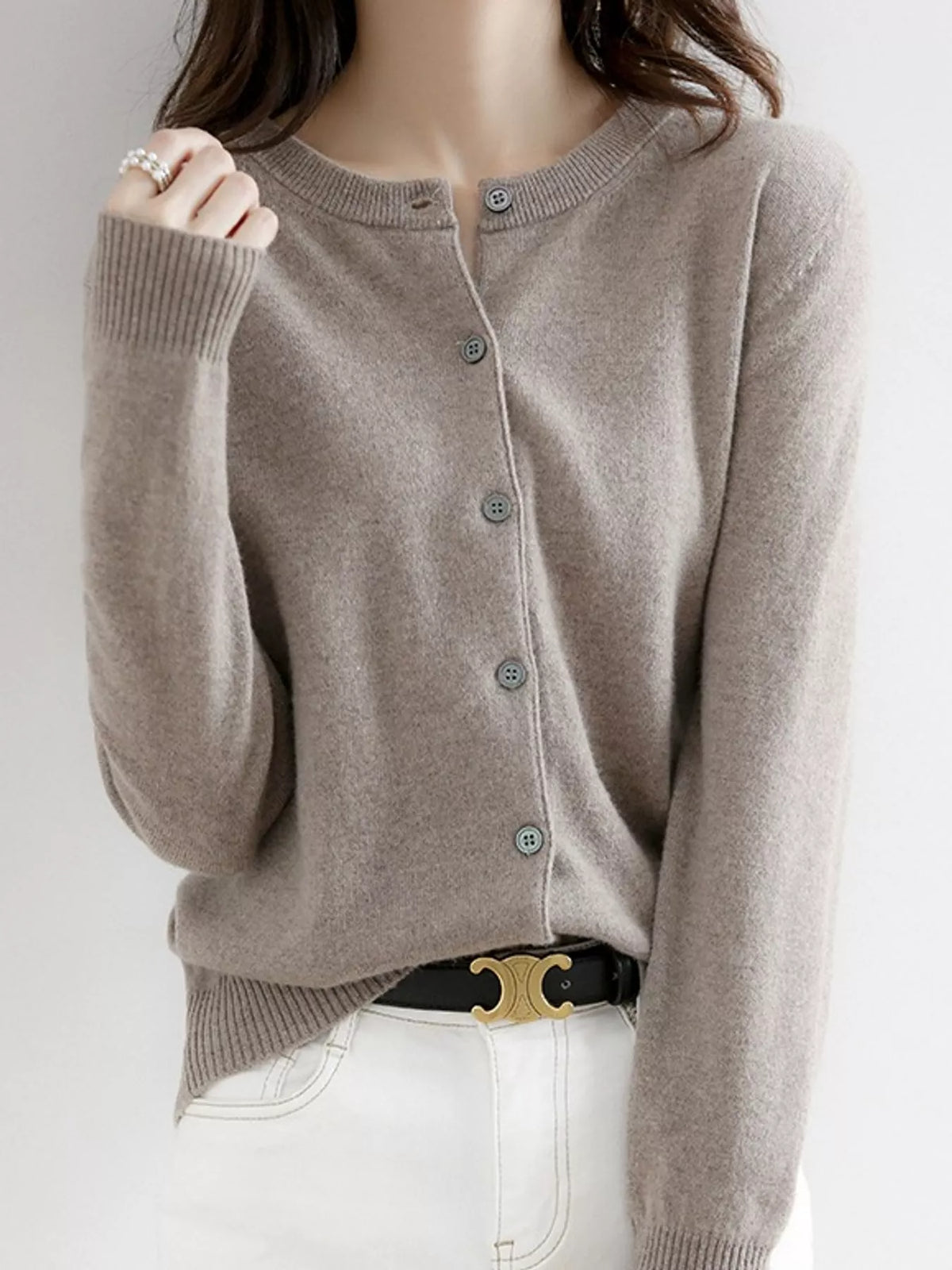 Crew-Neck Button-Down Cardigan - Dark Camel - View 50