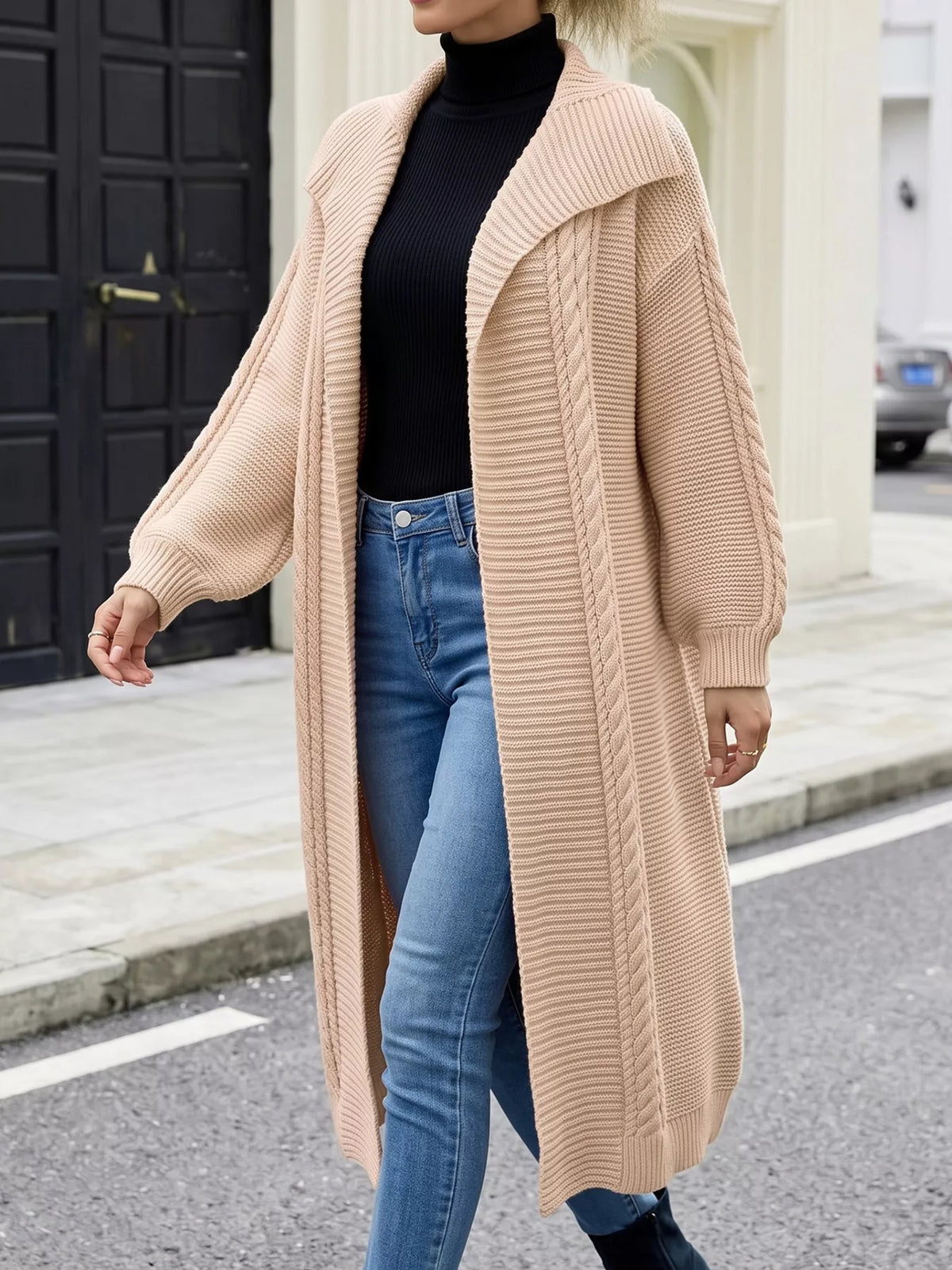 Cable-Knit Open-Front Longline Cardigan - Apricot - View 1
