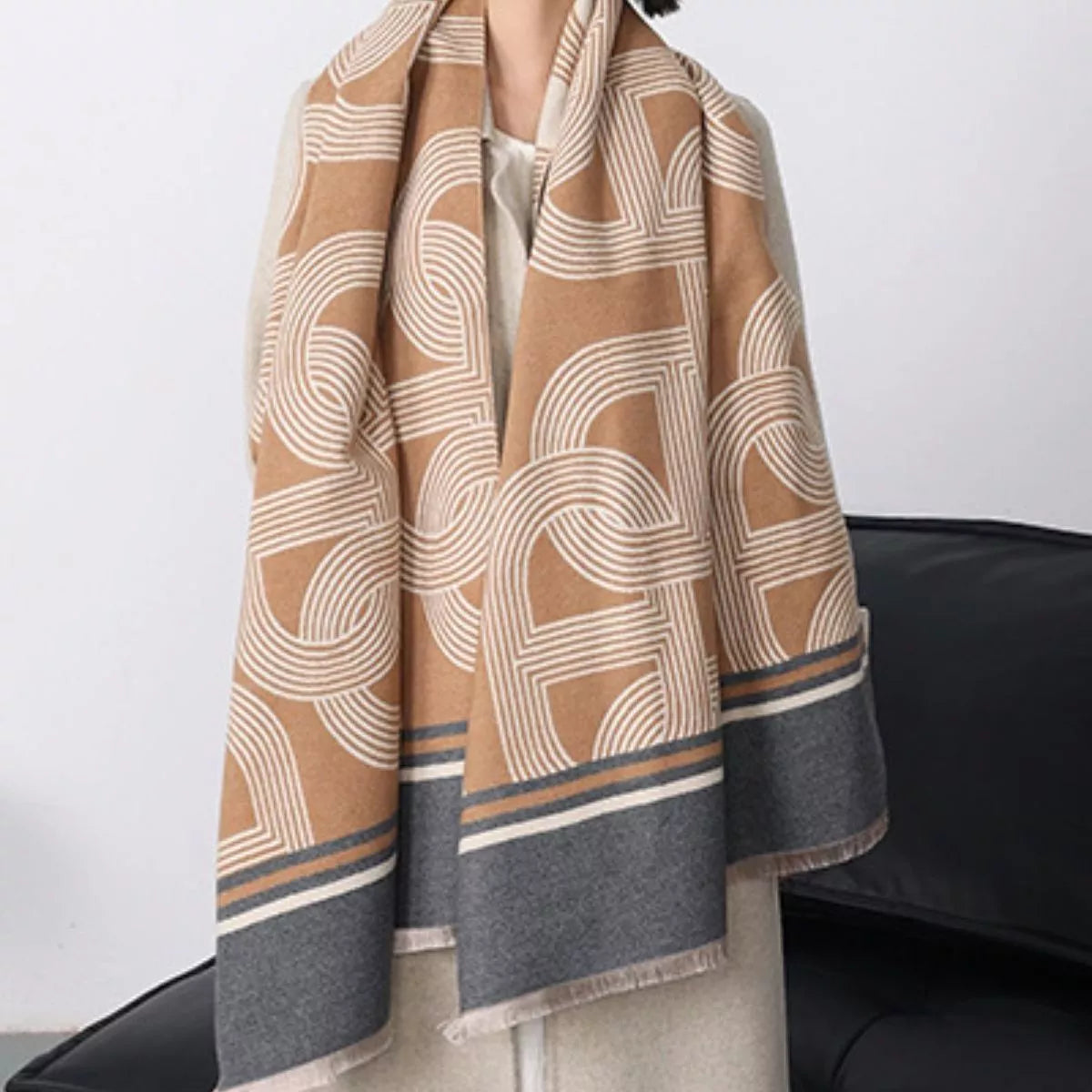 Geometric Pattern Raw Hem Scarf - Khaki - View 3