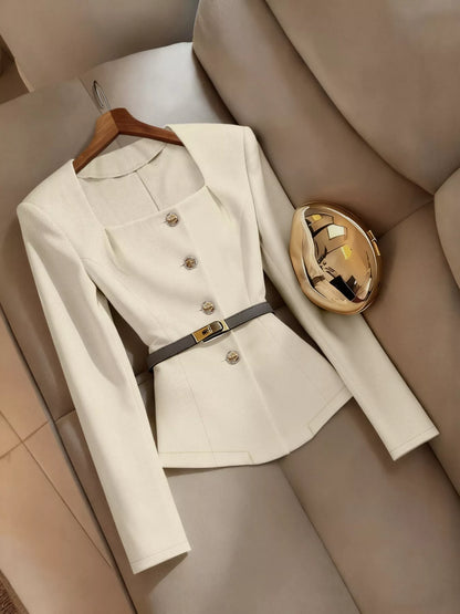 Square Neck Button-Down Fitted Blazer - Cream - View 3