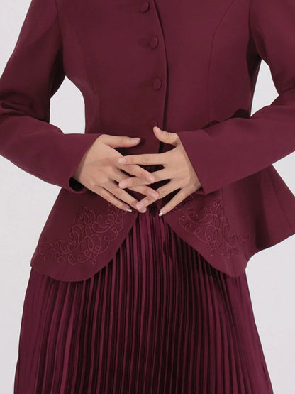 Button Up Long Sleeve Top and Pleated Skirt Set - Angora Red - View 3