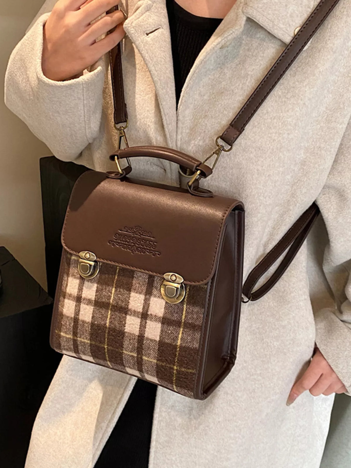 Vintage Plaid Flap Backpack Bag - Brown - View 1