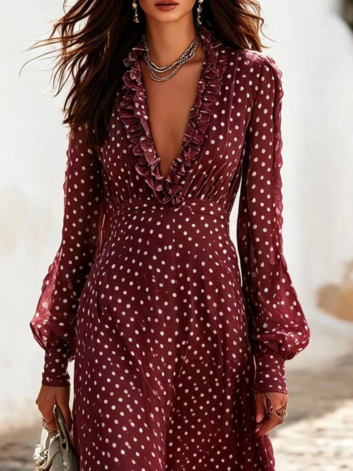 Full Size Polka Dot Ruffle V-Neck Maxi Dress Plus Size - Burgundy - View 2