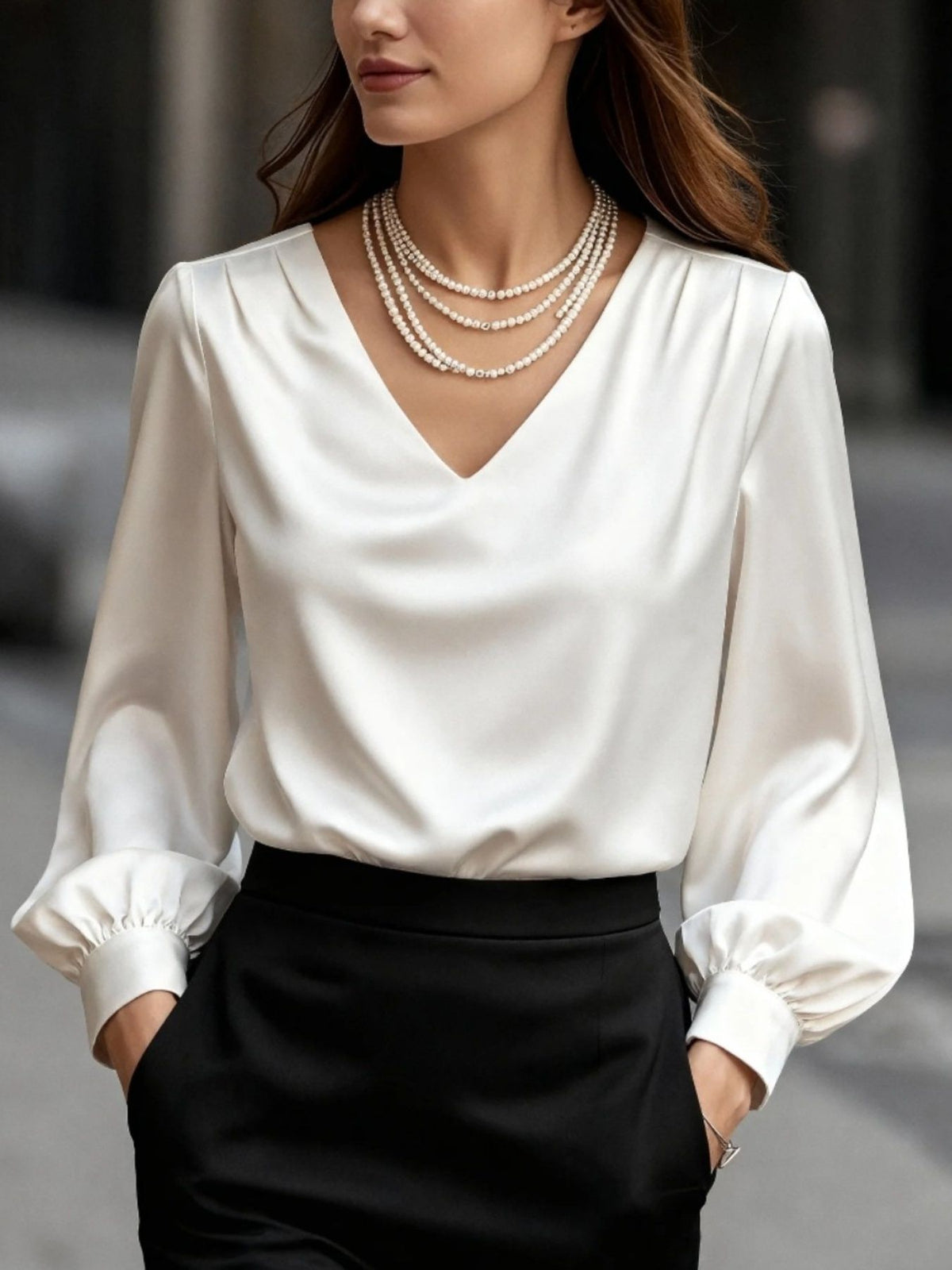 Satin V-Neck Long Sleeve Blouse - White - View 7