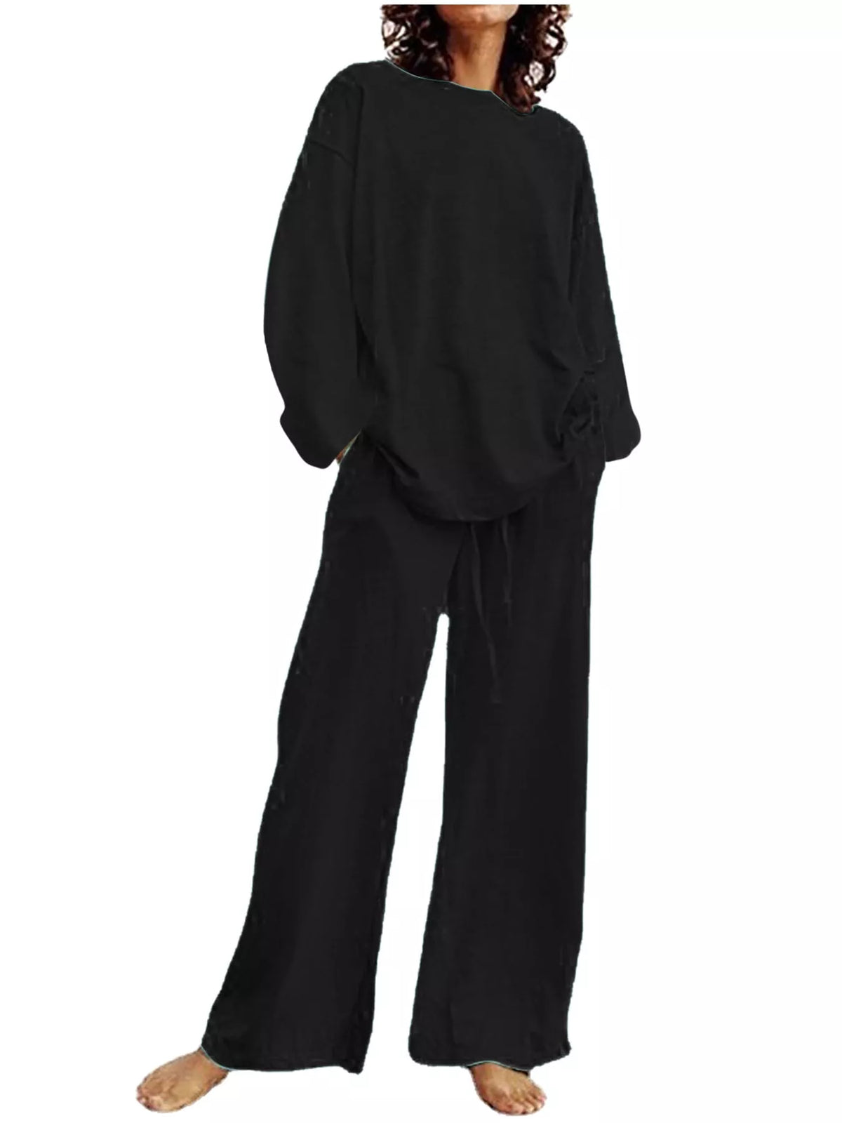 Full Size Round Neck Top and Drawstring Wide-Leg Pants Set Plus Size - Black - View 5