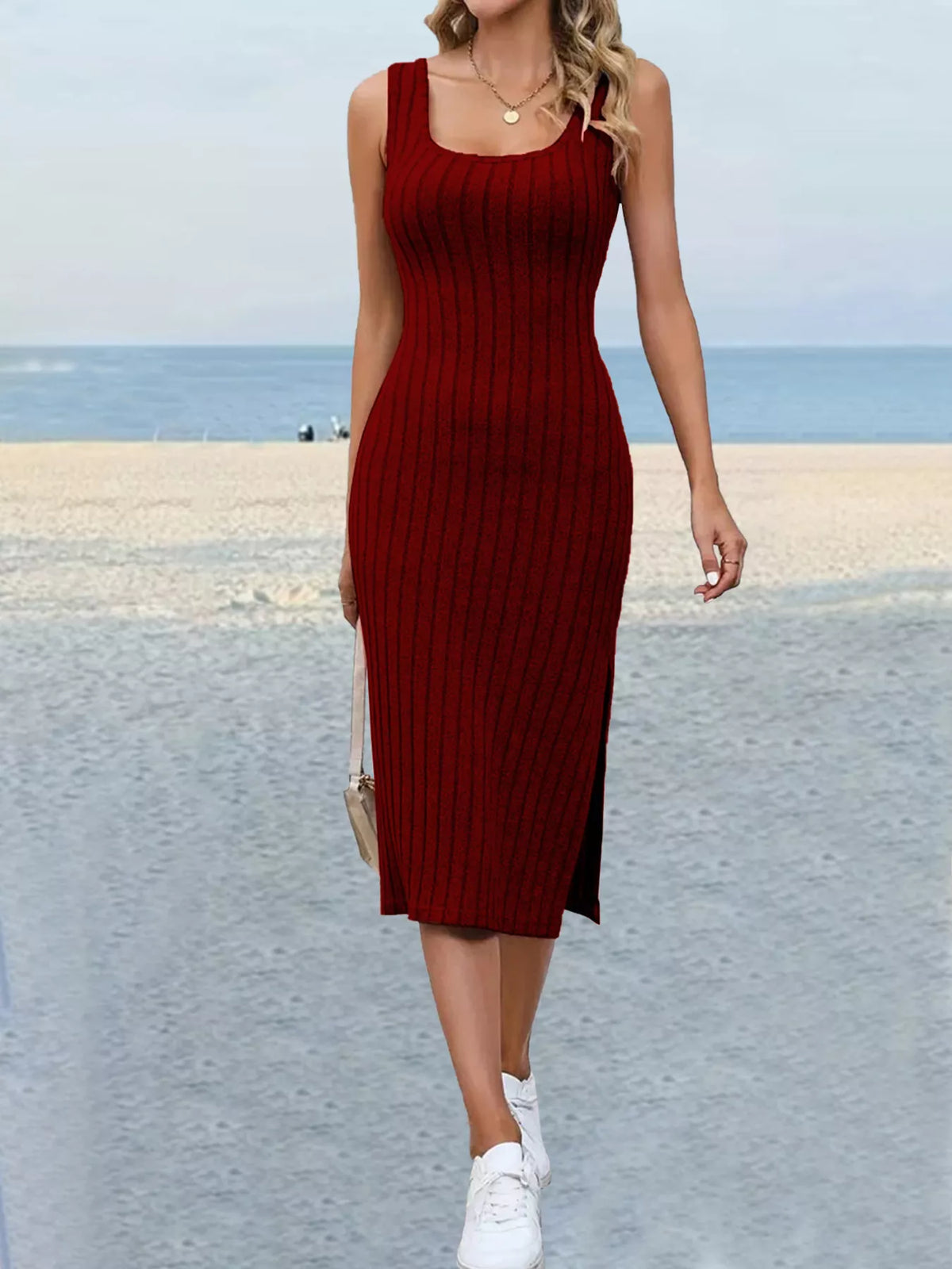 Slit Sleeveless Scoop Neck Dress - Wine Red - View 8