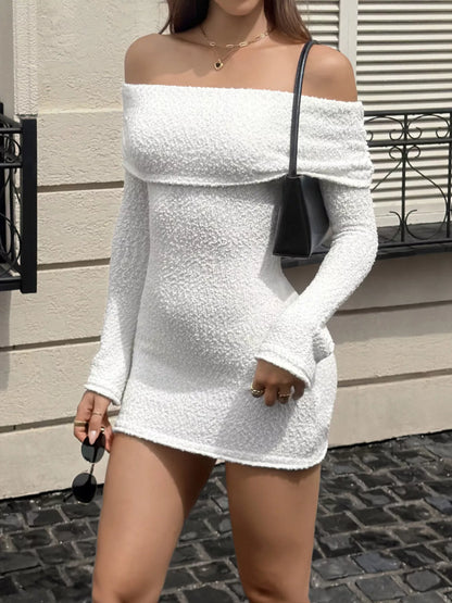 Off-Shoulder Textured Bodycon Sweater Dress - White - View 4
