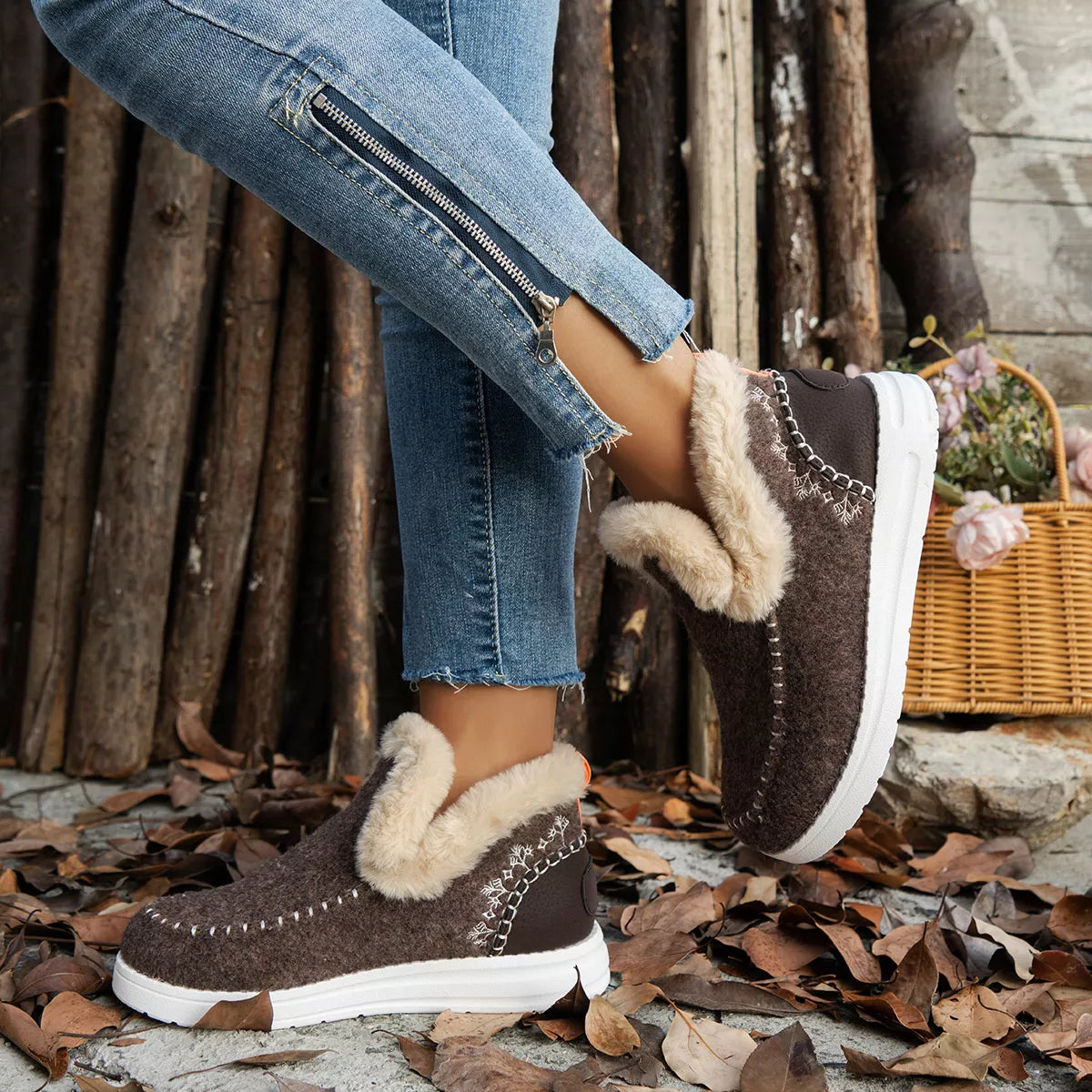 Round Toe Winter Ankle Boots - Coffee Brown - View 9