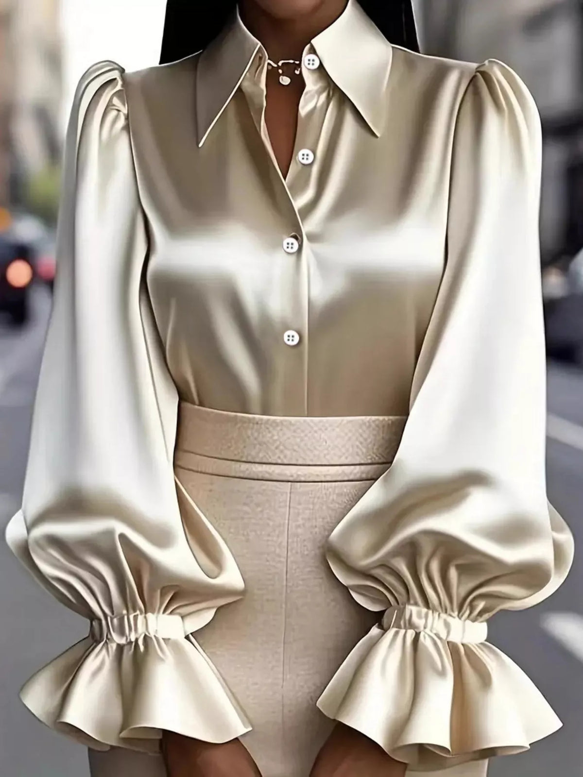 Satin Button Up Flounce Sleeve Shirt - Apricot - View 1