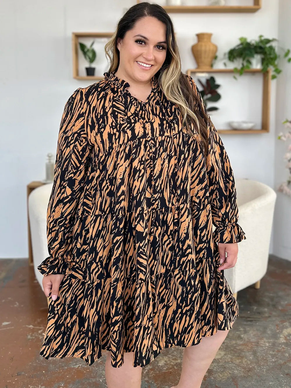 Double Take Full Size Printed Ruffle Hem Long Sleeve Dress Plus Size - Caramel - View 12
