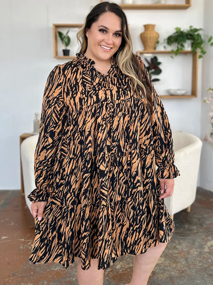 Double Take Full Size Printed Ruffle Hem Long Sleeve Dress Plus Size - Caramel - View 12