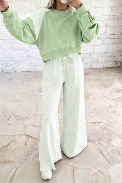 Polka Dot Color-Block Top and Pants Set - Gum Leaf - View 1