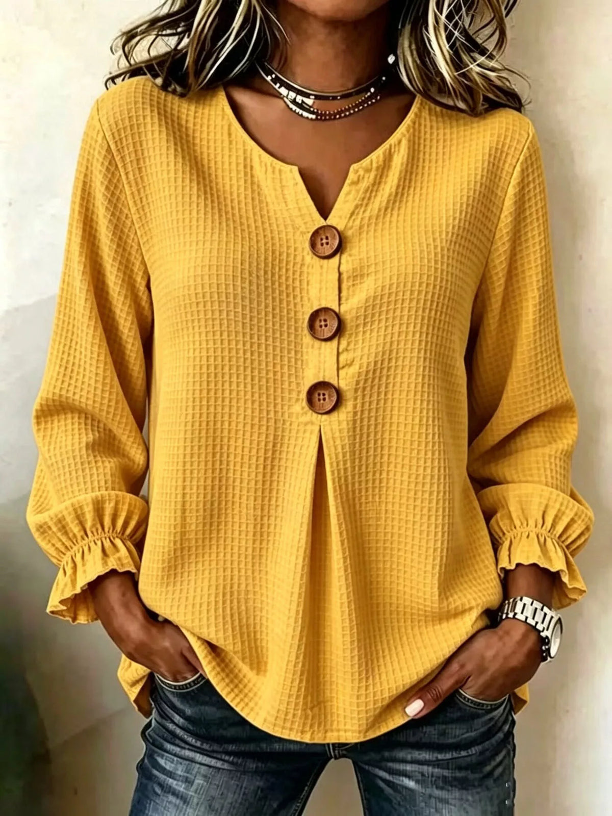 Waffle Knit Long Sleeve Top - Mustard - View 19