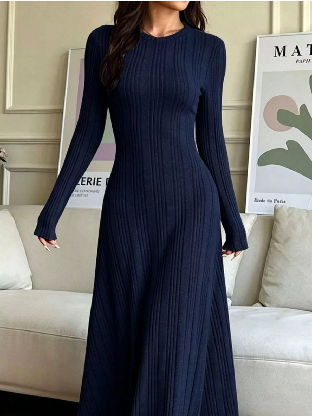 Long Sleeve Ribbed Knit Dress - Dark Navy - View 2