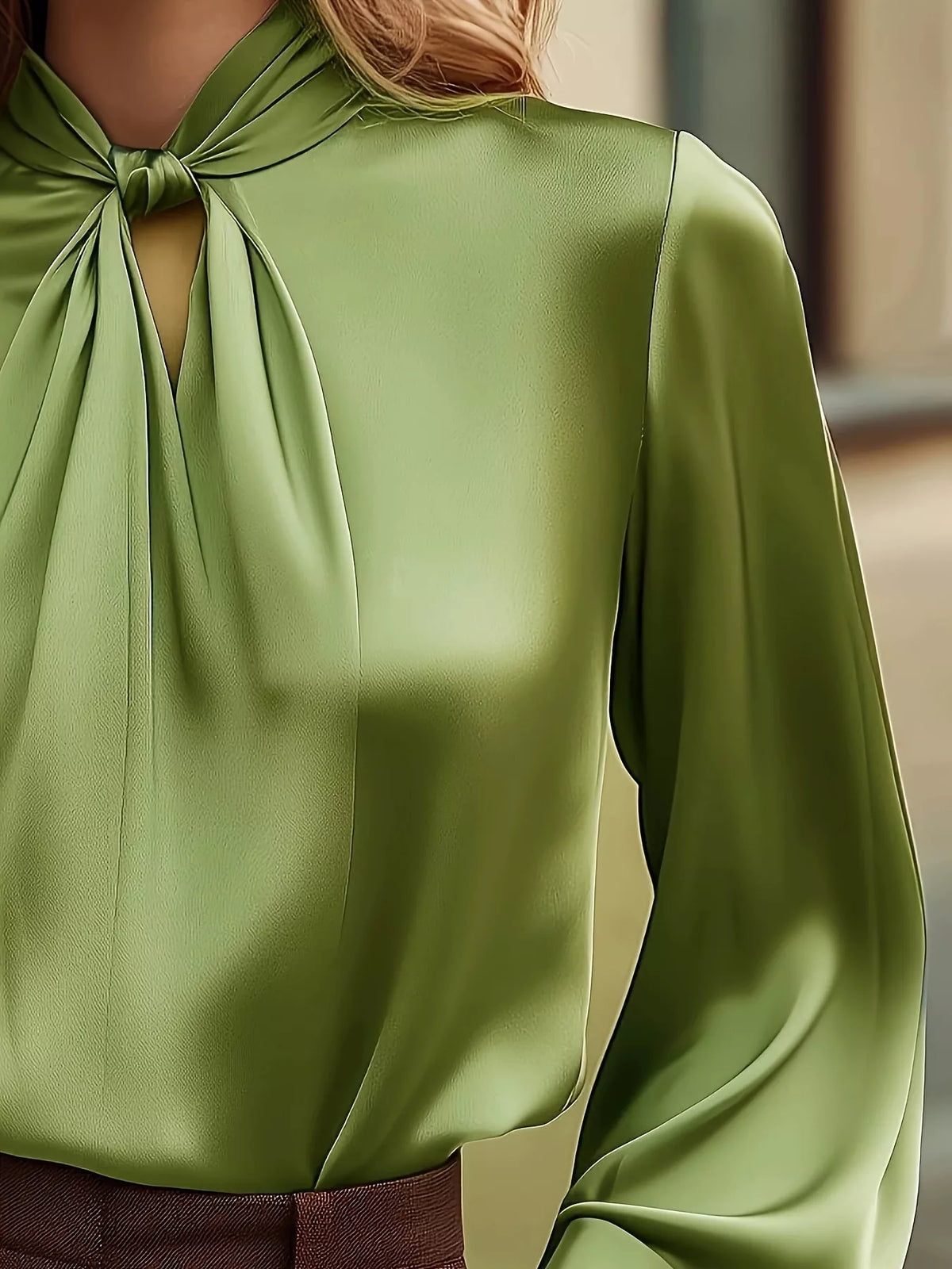 Satin Cutout Front Blouse - Green - View 7