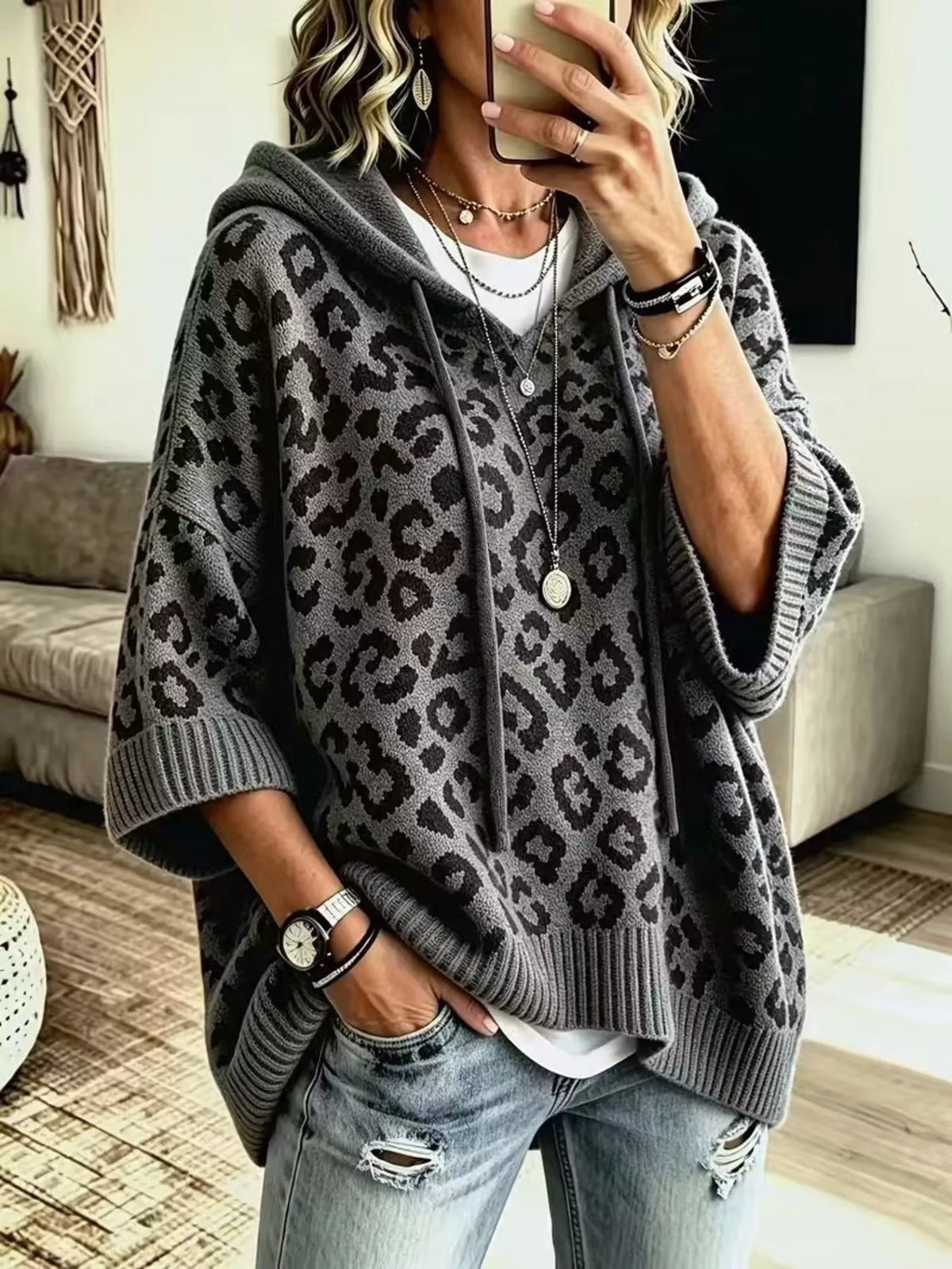 Drawstring Leopard Hooded Sweater - Dark Gray - View 6