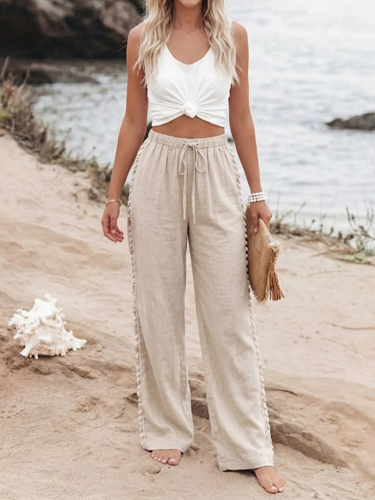 Drawstring Wide Leg Pants - Khaki - View 4