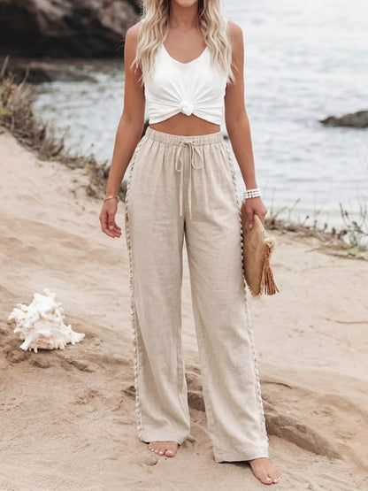 Drawstring Wide Leg Pants - Khaki - View 4