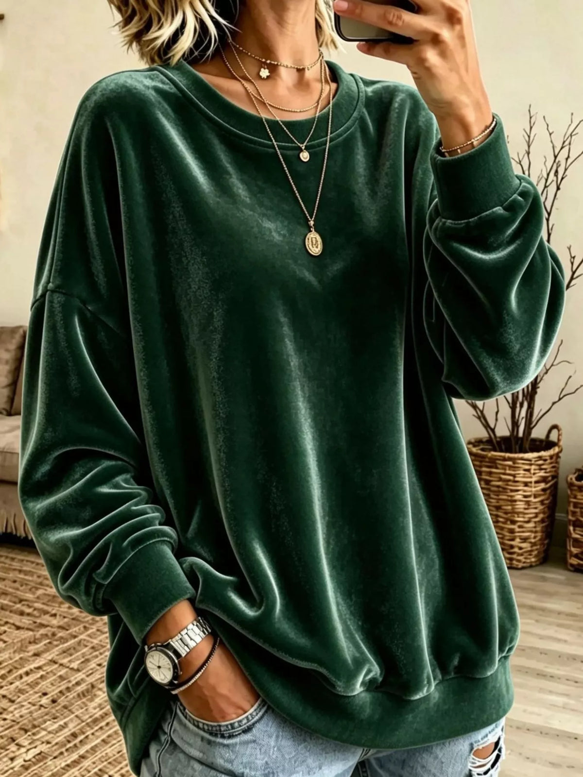 Full Size Crew Neck Drop Shoulder Sweatshirt Plus Size - Dark Green - View 23