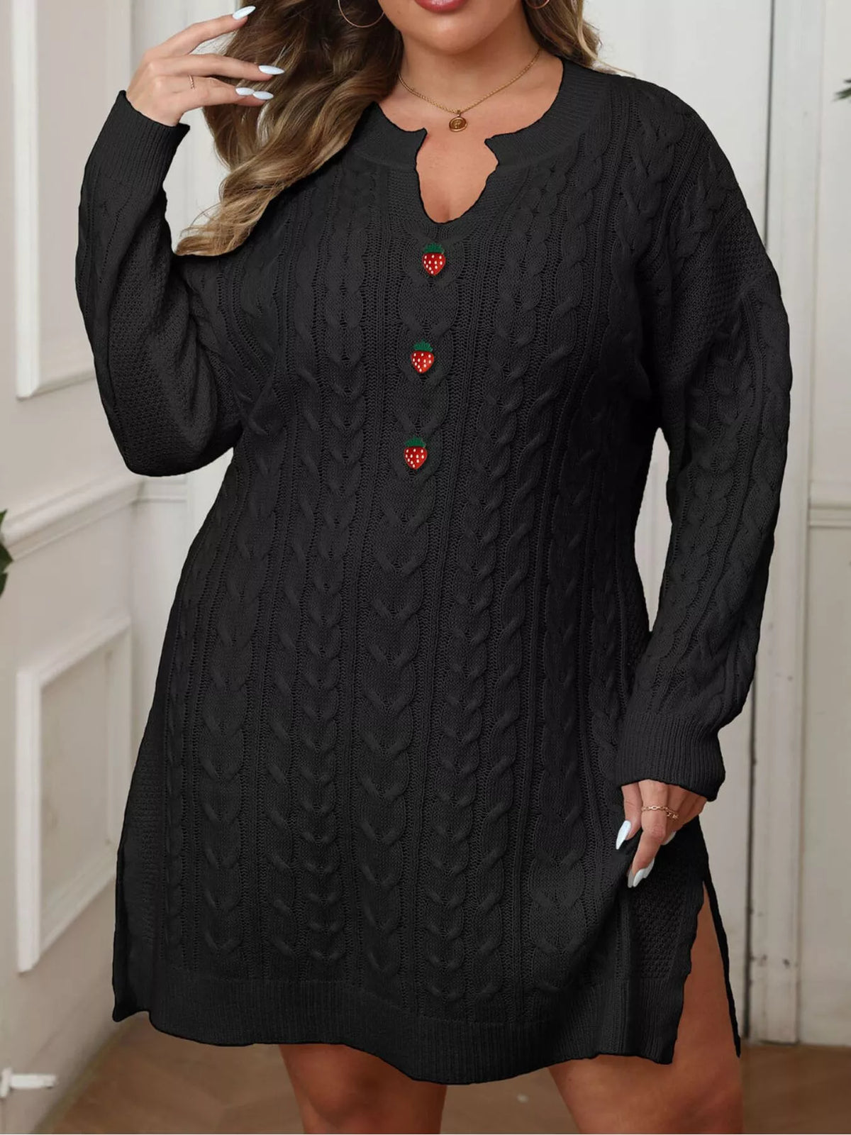 Plus Size Strawberry Cable Knit Sweater Dress - Black - View 1