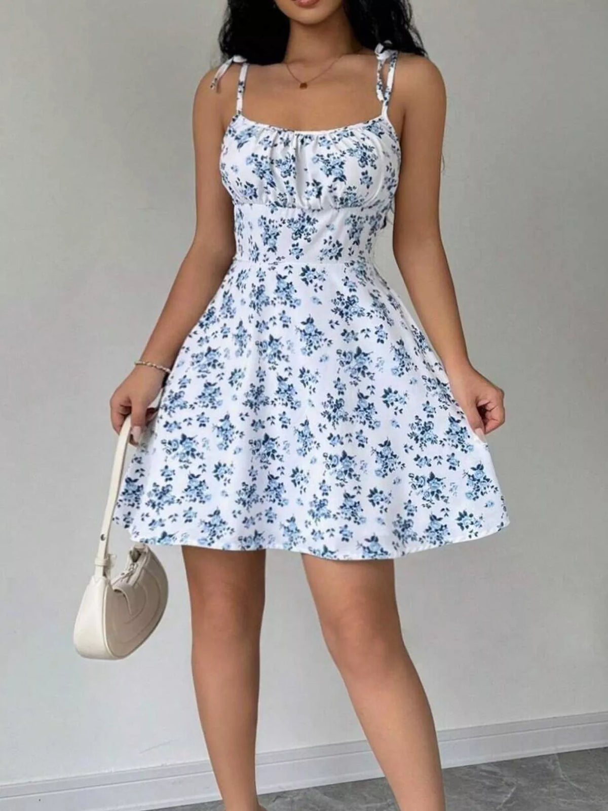 Floral Print Spaghetti Strap A-Line Mini Dress - White - View 3
