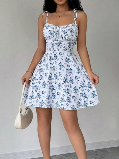 Floral Print Spaghetti Strap A-Line Mini Dress - White - View 3