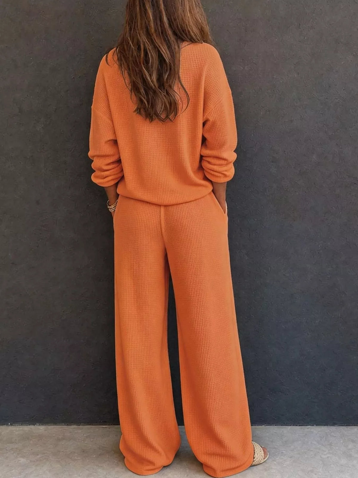 Waffle Knit Henley Top and Wide Leg Pants Set - Orange - View 18