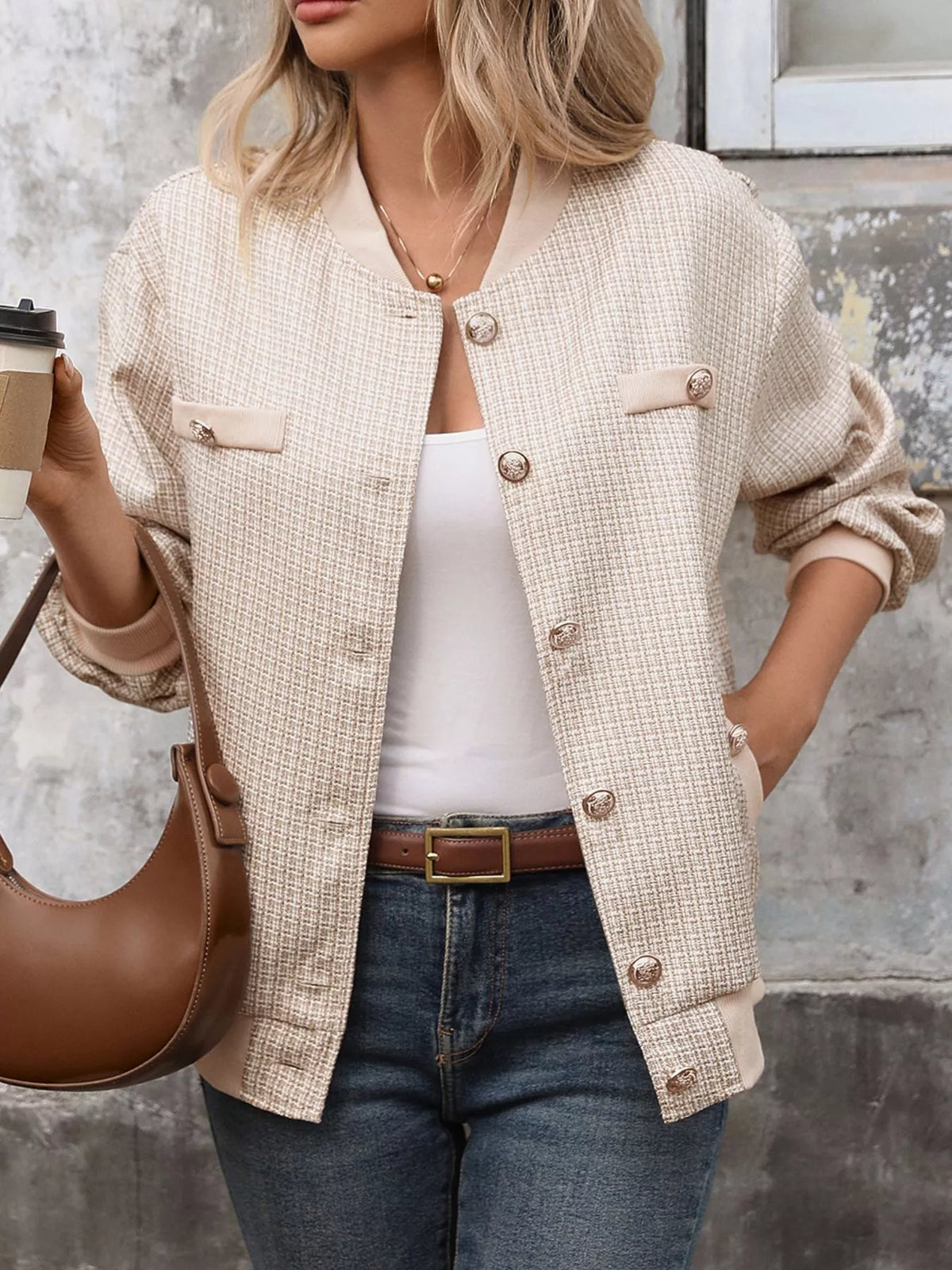 Button Up Long Sleeve Jacket - Khaki - View 5