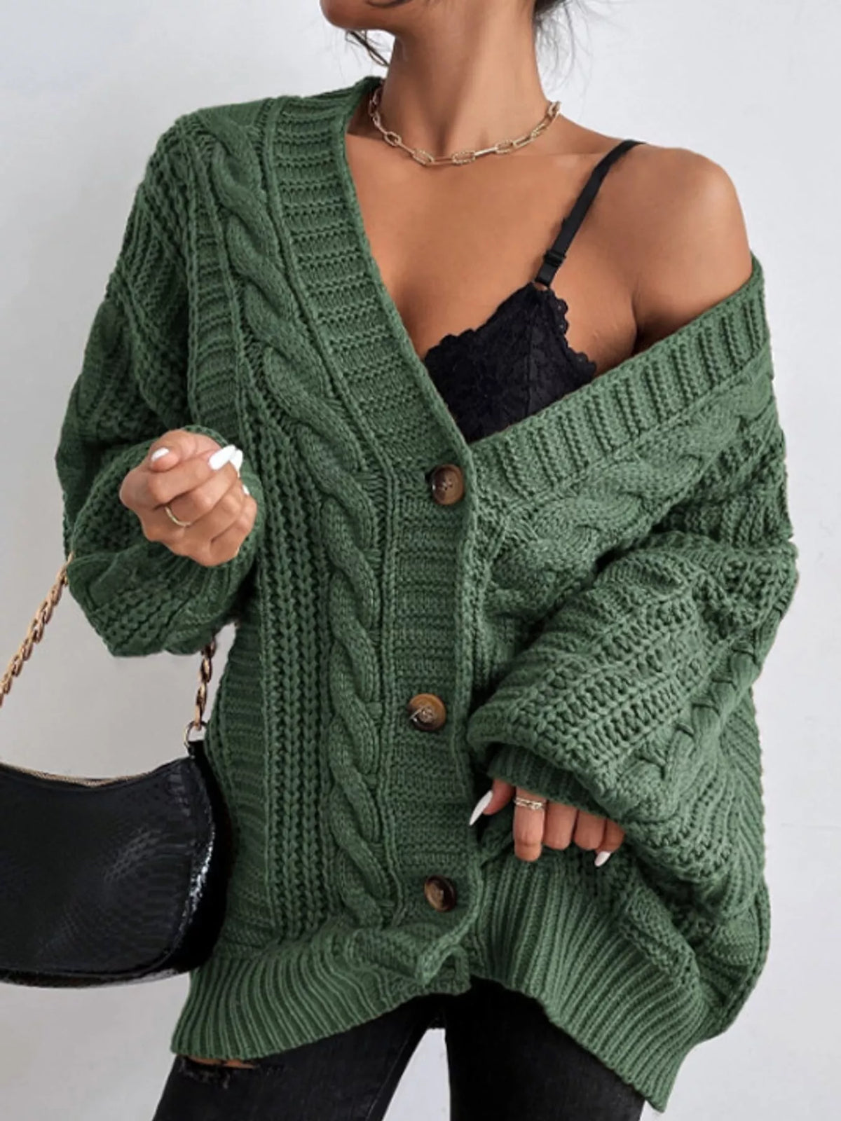 Cable Knit Button-Down Cardigan - Green - View 6