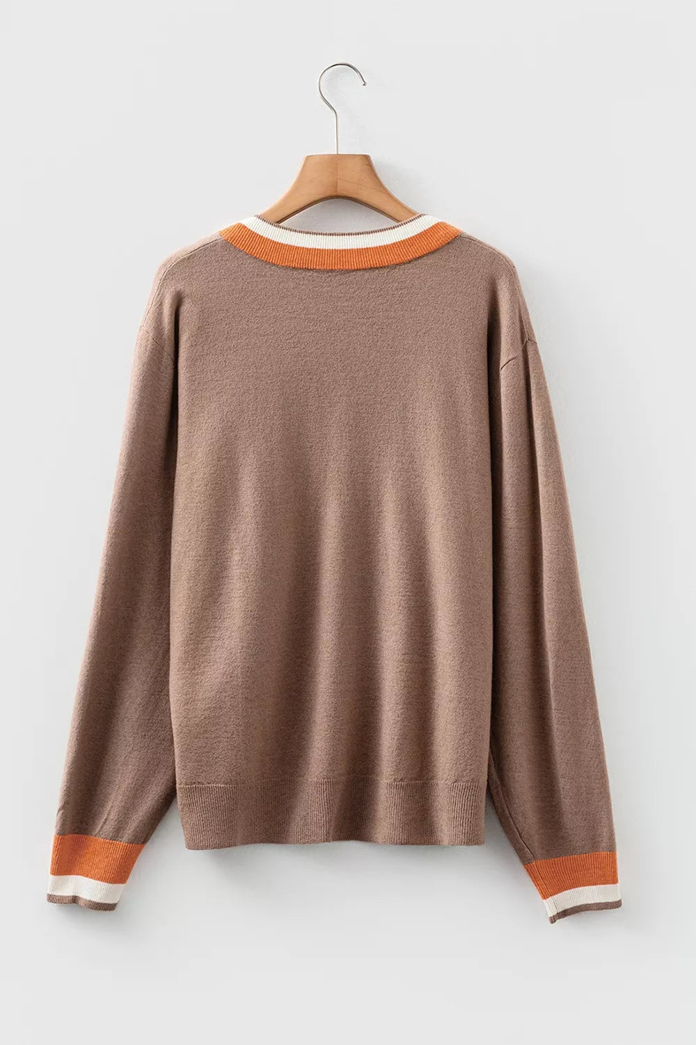 Contrast Trim V-Neck Sweater - Brown - View 7