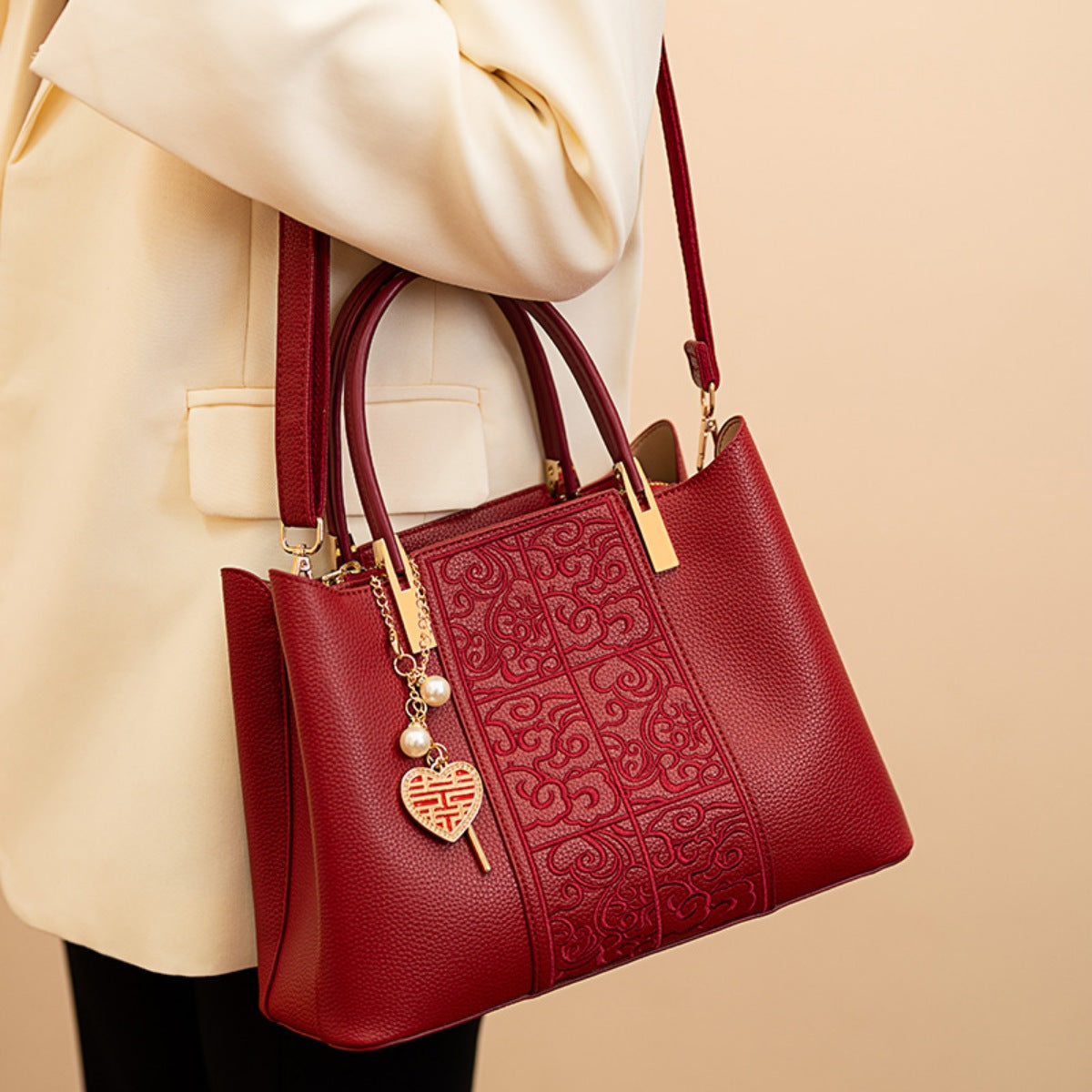 Embossed Leather Top Handle Handbag - Red - View 3