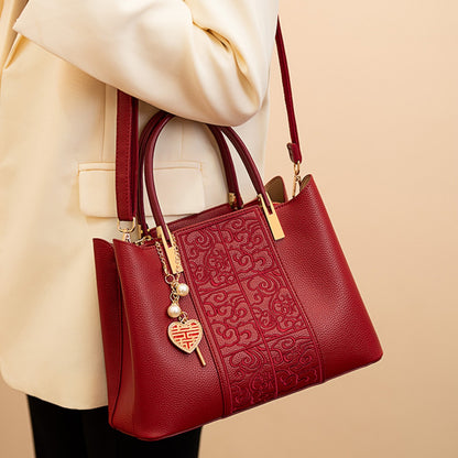 Embossed Leather Top Handle Handbag - Red - View 3