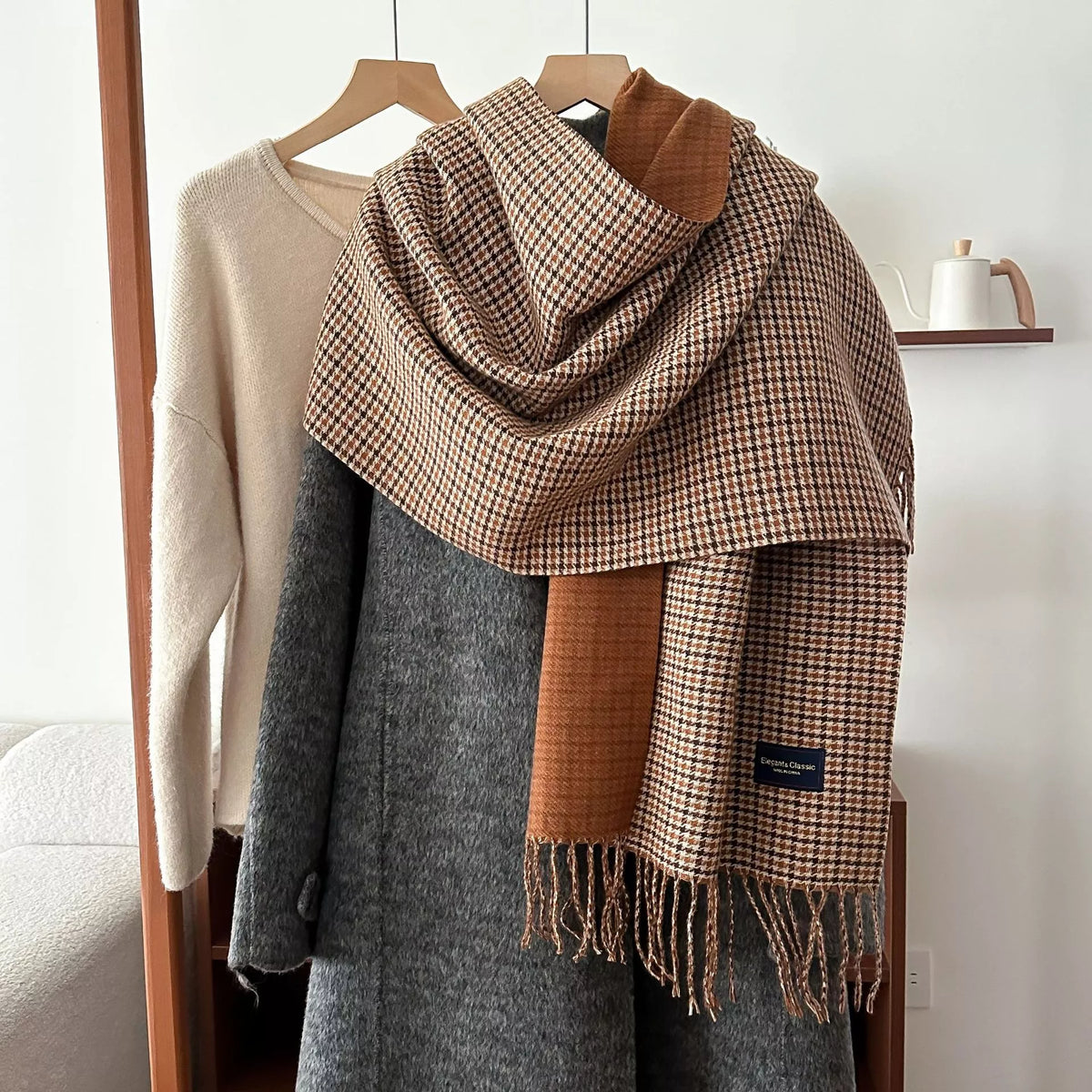 Plaid Fringe Warm Winter Scarf - Dark Brown - View 3