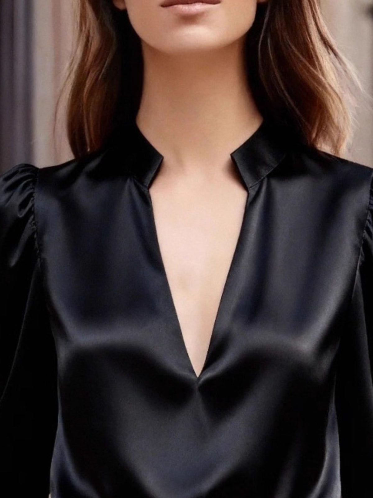 Notched Long Sleeve Blouse - Black - View 2