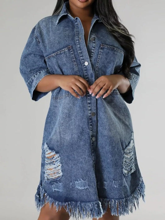 Plus Size Distressed Frayed Hem Button-Down Denim Dress - Dark Blue - View 1